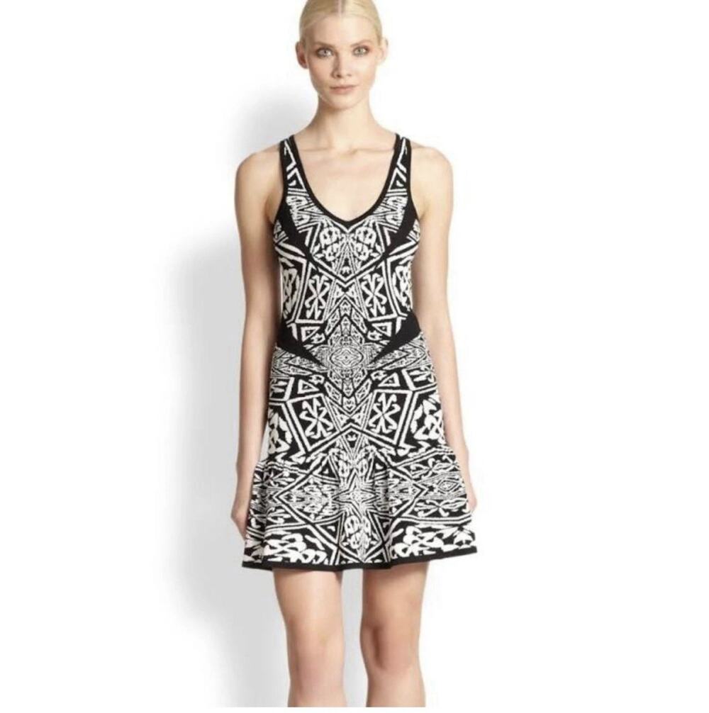 Nicole Miller Artelier Black White Knit Sleeveless V-Neck Dress Small NWT
